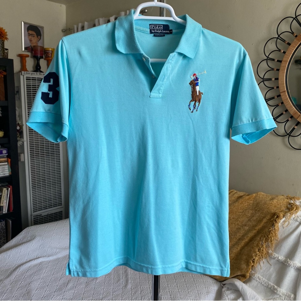 Preppy Polo Ralph Lauren Big Logo Light Blue Mesh Knit Custom Fit Polo Size L